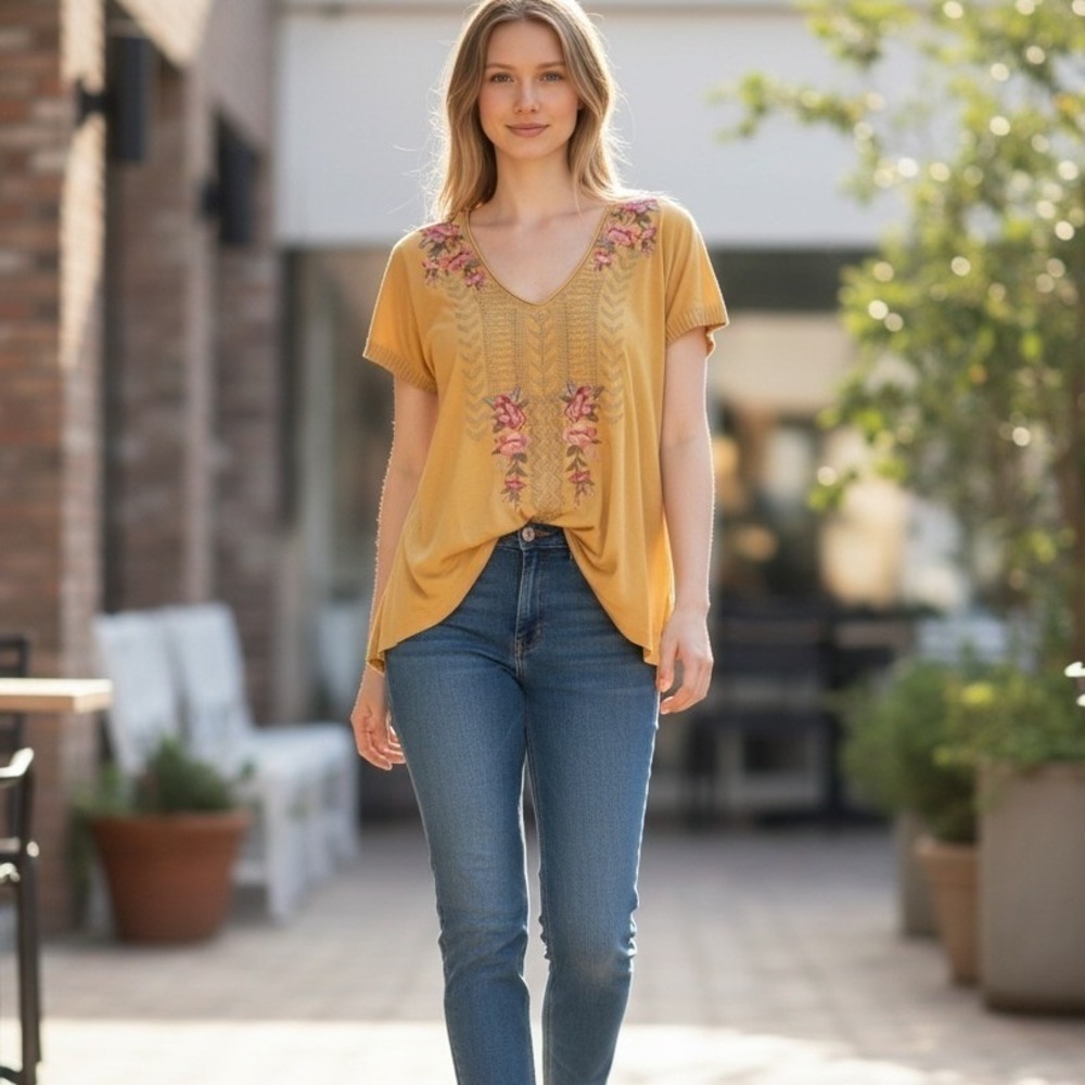 Johnny Was Embroidered Top Womens Medium Yellow Excellent Boho V-Neck Cap Sleeve